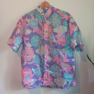 Vintage 100% Linen Hawaiian shirt size L unisex purple and pink